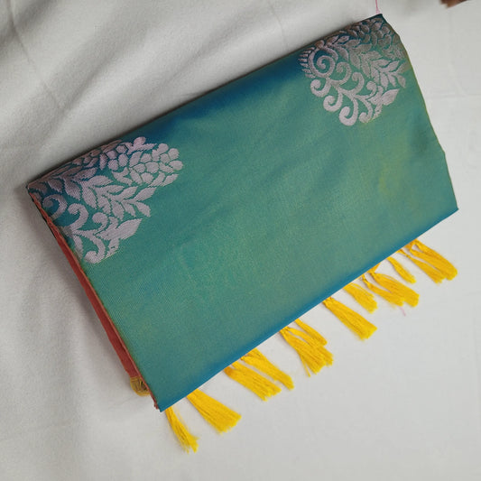 Stunning Teal Soft Silk Saree with Peach Pallu | H4-001