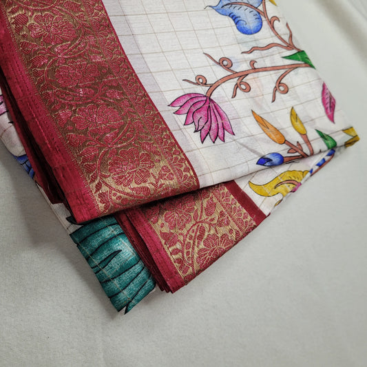 Elegant Off-White Kalamkari Saree with Maroon Border | N3-001