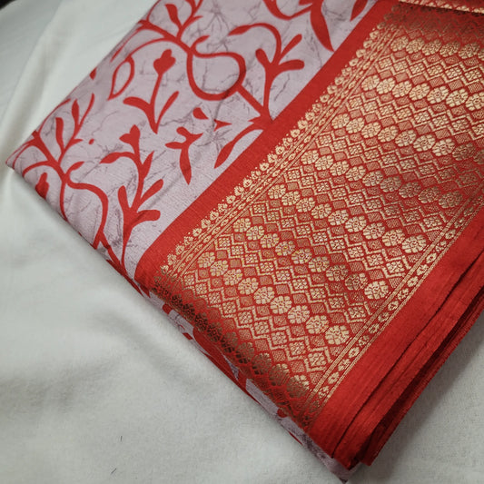 Vibrant Red Saree with Bold Prints and Woven Border| Semi-Dola Silk | P4-004