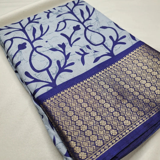 Serene Blue Saree with Bold Prints and Woven Border| Semi-Dola Silk | P4-003