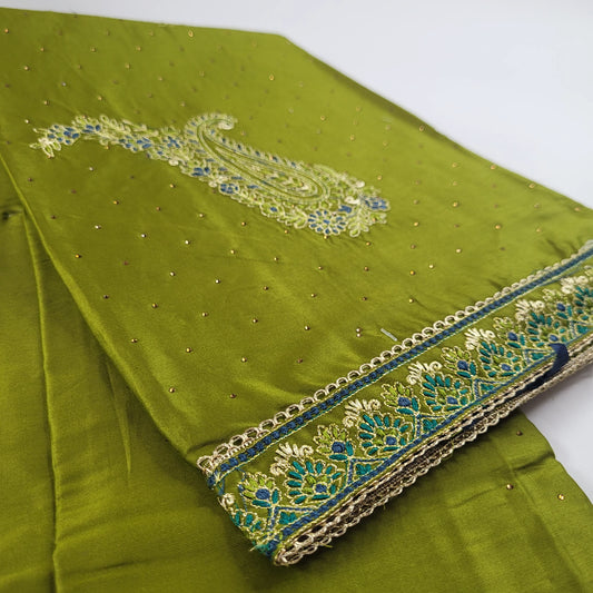 Lime Green Embroidered Unstitched Suit Set with Blue Dupatta | T2-005