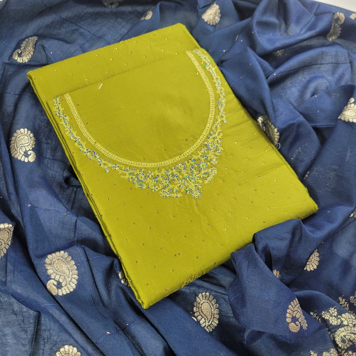 Lime Green Embroidered Unstitched Suit Set with Blue Dupatta | T2-005