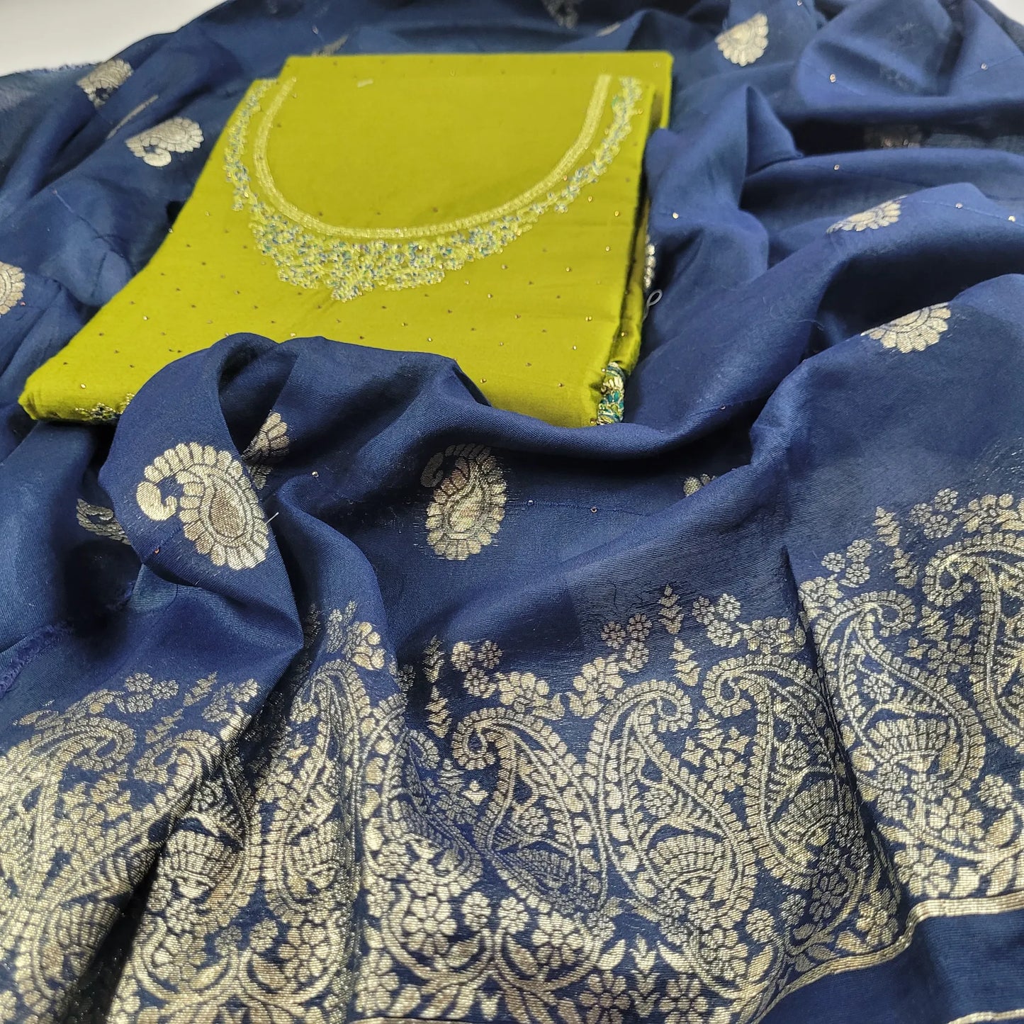 Lime Green Embroidered Unstitched Suit Set with Blue Dupatta | T2-005