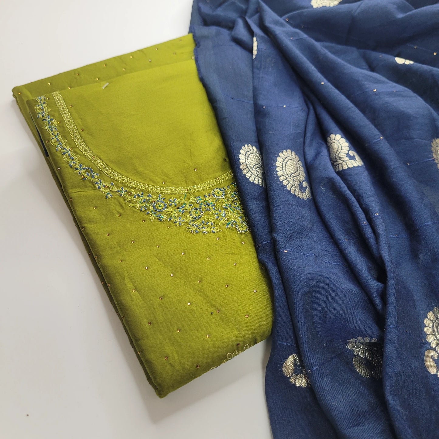 Lime Green Embroidered Unstitched Suit Set with Blue Dupatta | T2-005