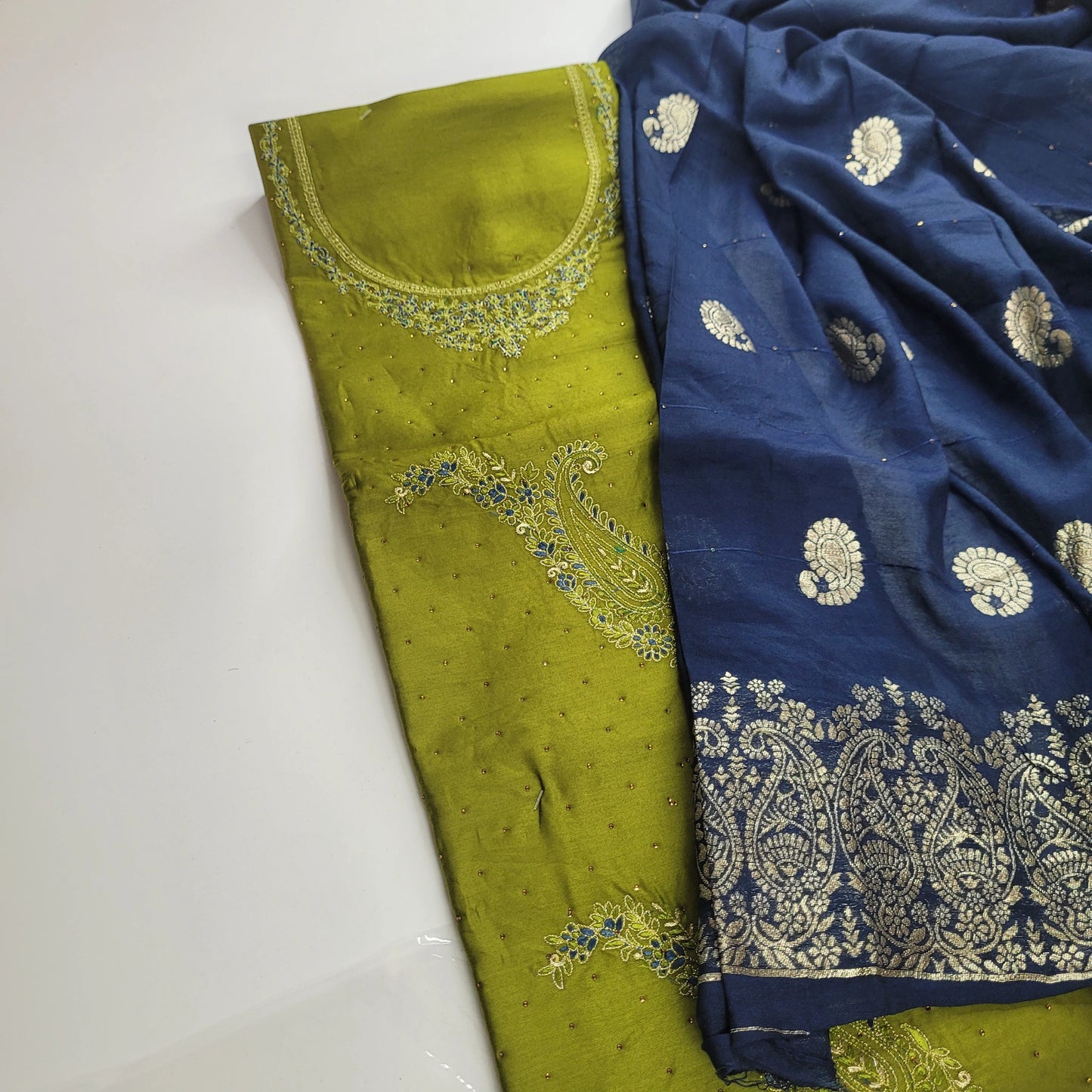 Lime Green Embroidered Unstitched Suit Set with Blue Dupatta | T2-005