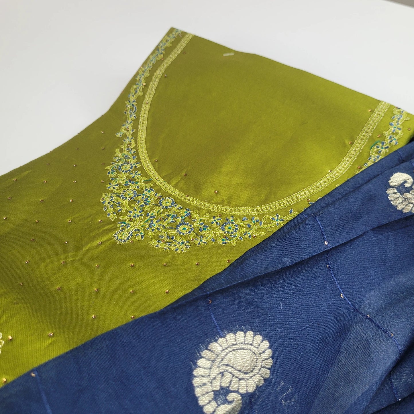 Lime Green Embroidered Unstitched Suit Set with Blue Dupatta | T2-005