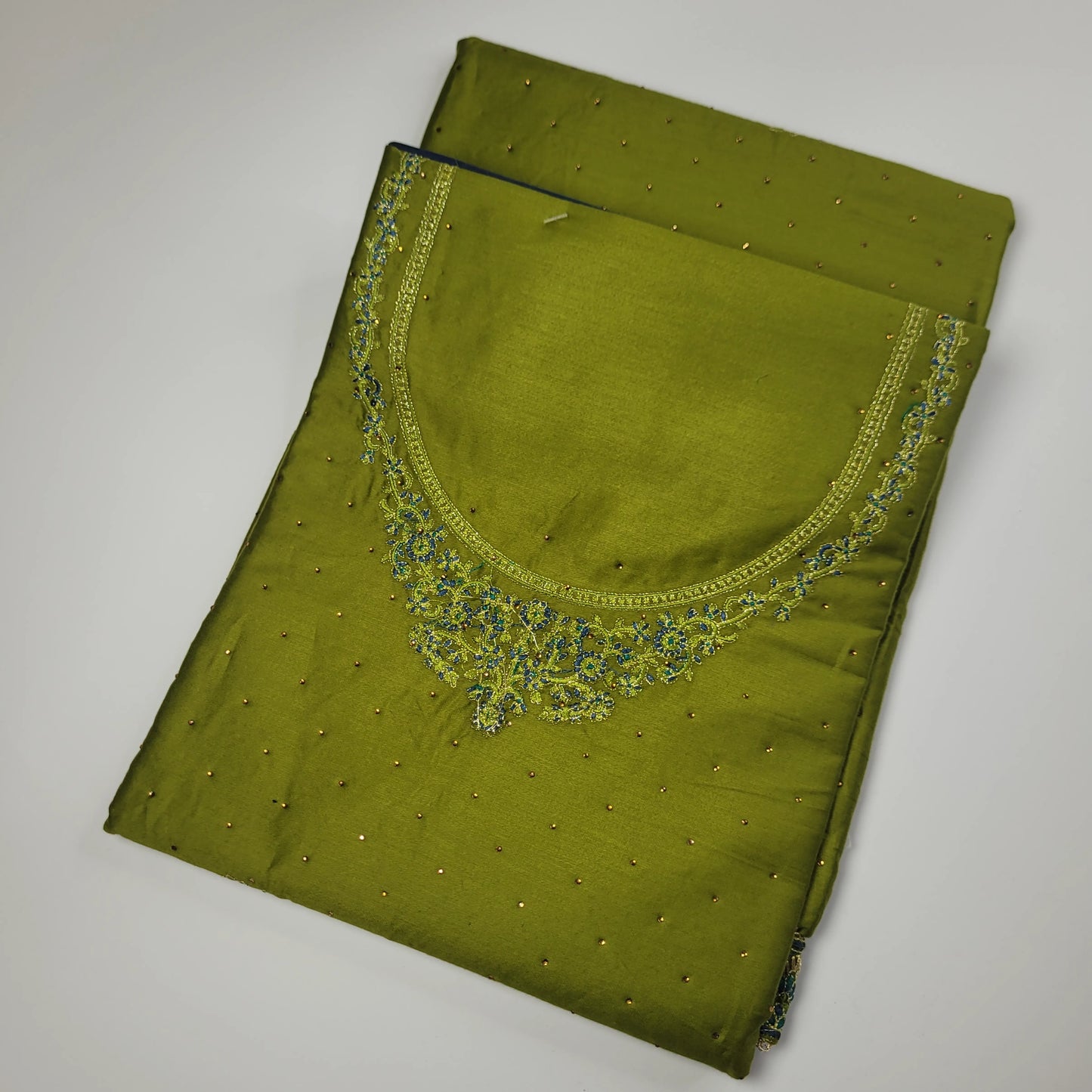 Lime Green Embroidered Unstitched Suit Set with Blue Dupatta | T2-005