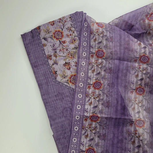 Orchid Floral – Unstitched Suit Set with Woven Stripes and Floral Panel | S0-001