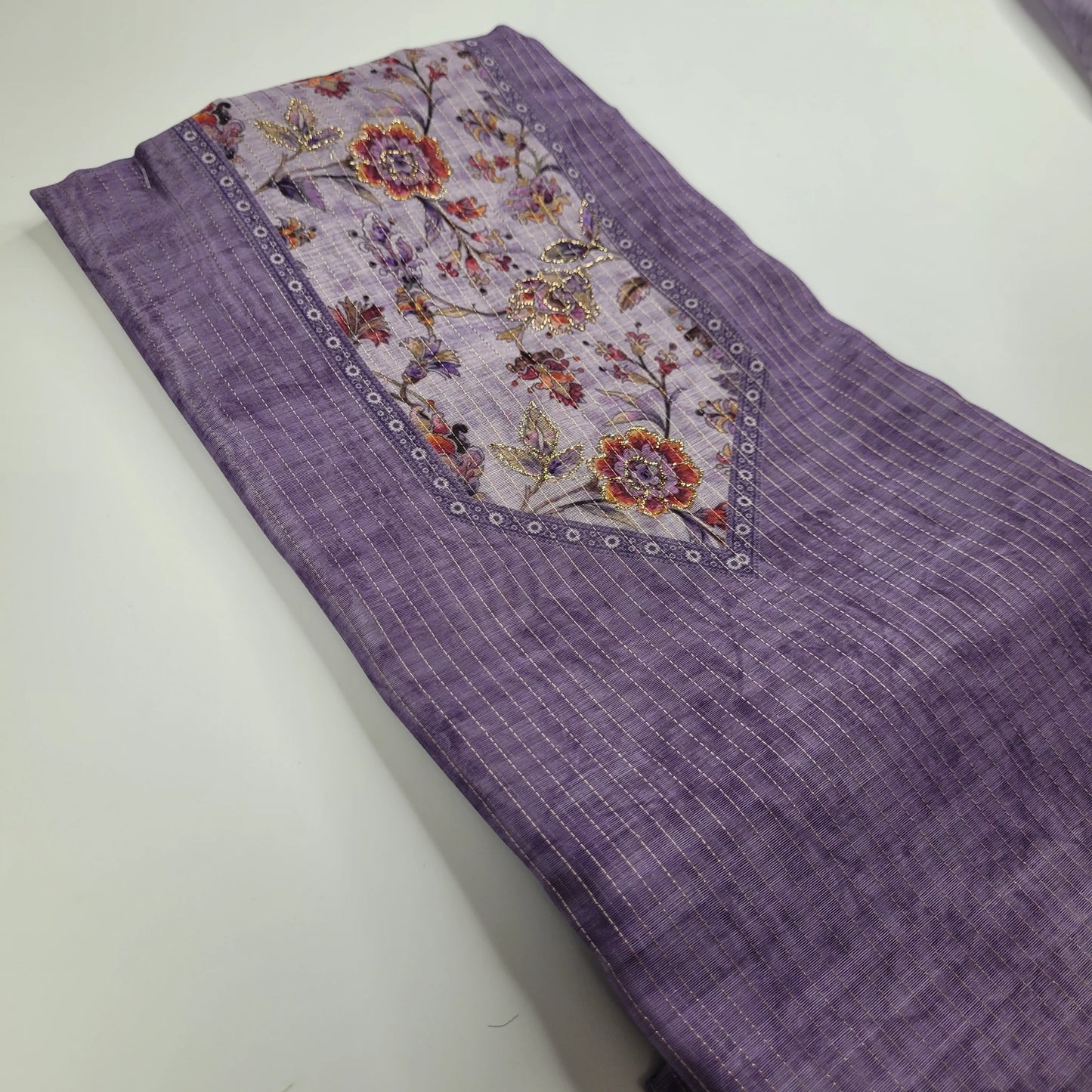 Orchid Floral – Unstitched Suit Set with Woven Stripes and Floral Panel | S0-001