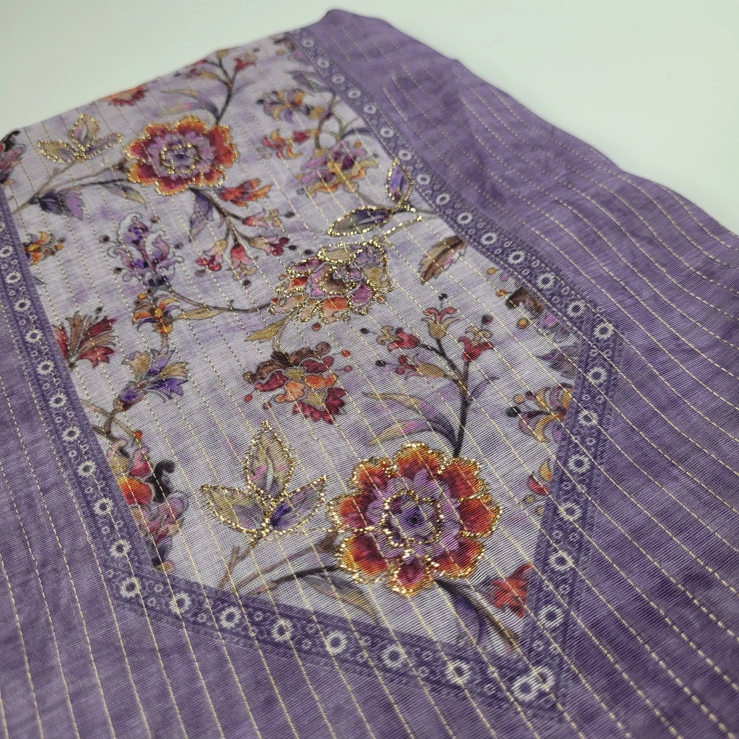 Orchid Floral – Unstitched Suit Set with Woven Stripes and Floral Panel | S0-001