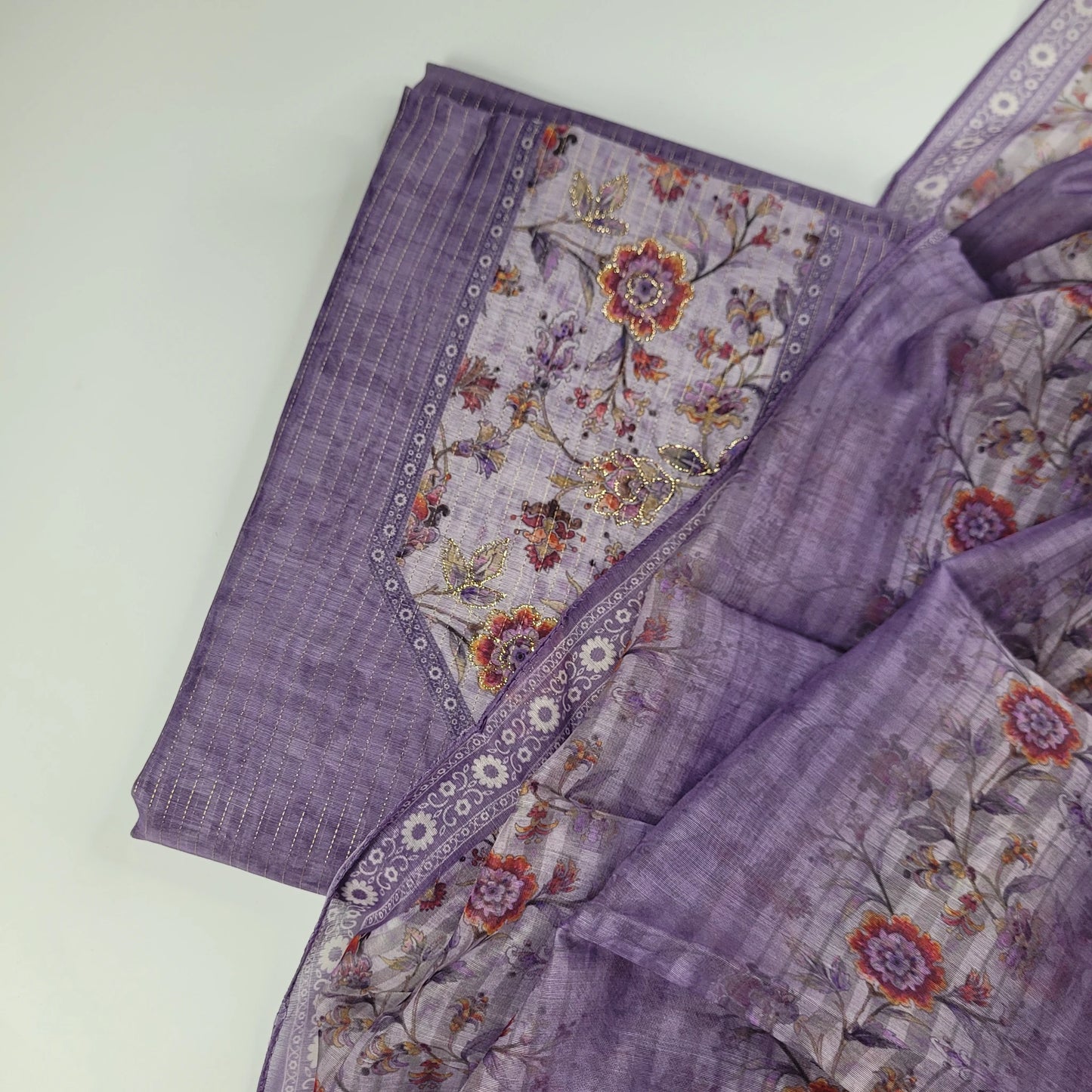 Orchid Floral – Unstitched Suit Set with Woven Stripes and Floral Panel | S0-001