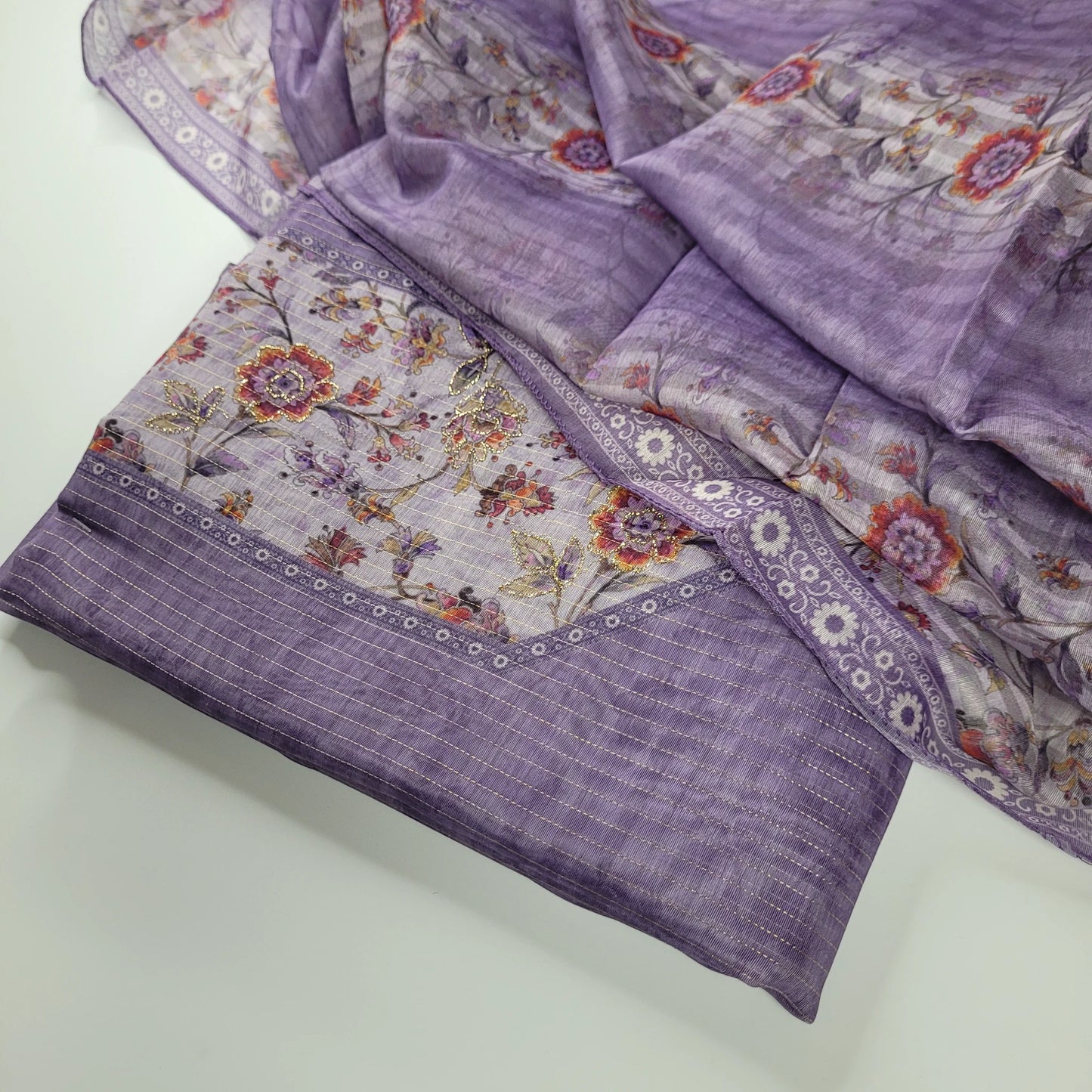 Orchid Floral – Unstitched Suit Set with Woven Stripes and Floral Panel | S0-001