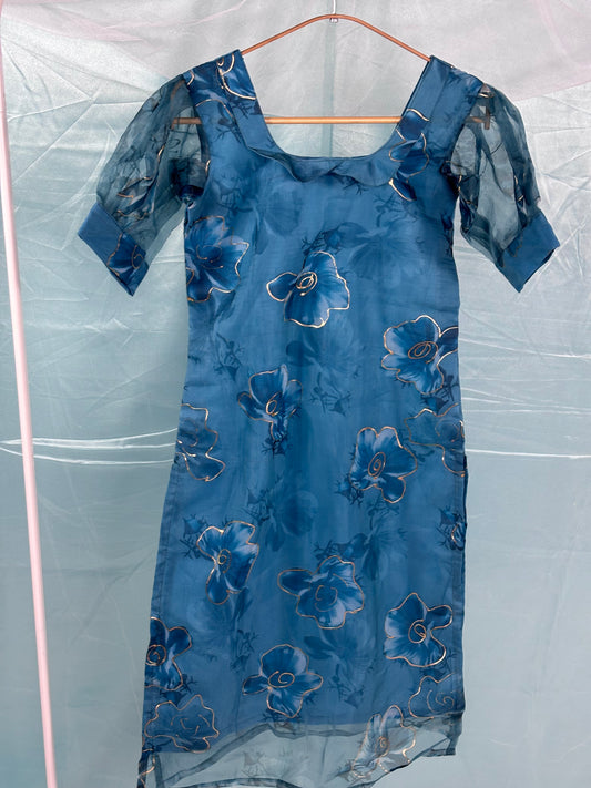 Custom-Made Deep Blue and Gold Organza Kurtis | USK-M2O-006K