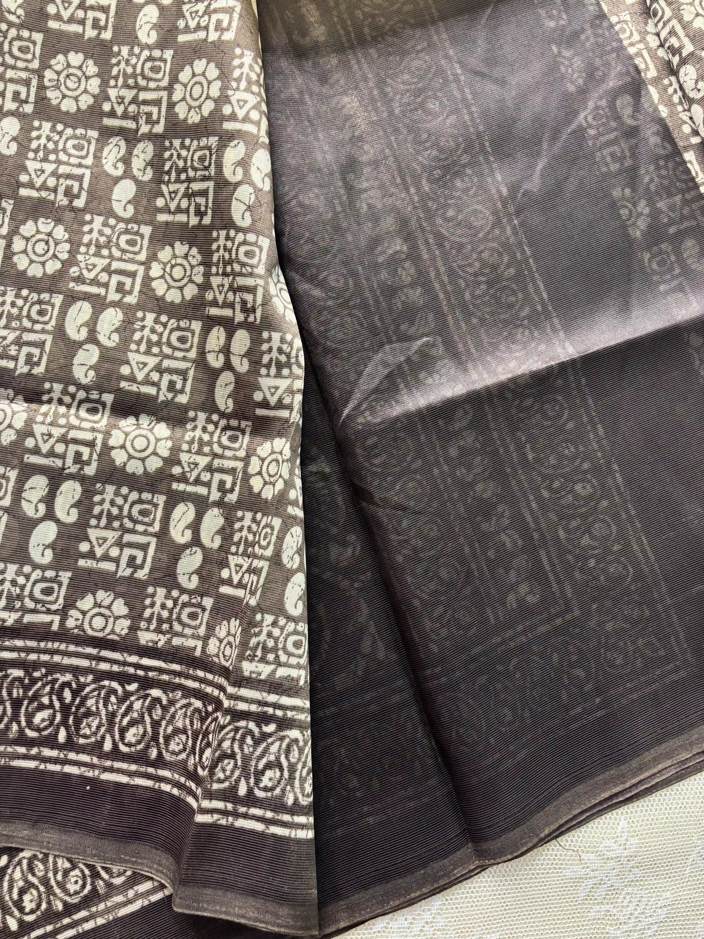 Brown Silk Soft Cotton Saree with block print pattern print Body and mango pattern Border and pallu