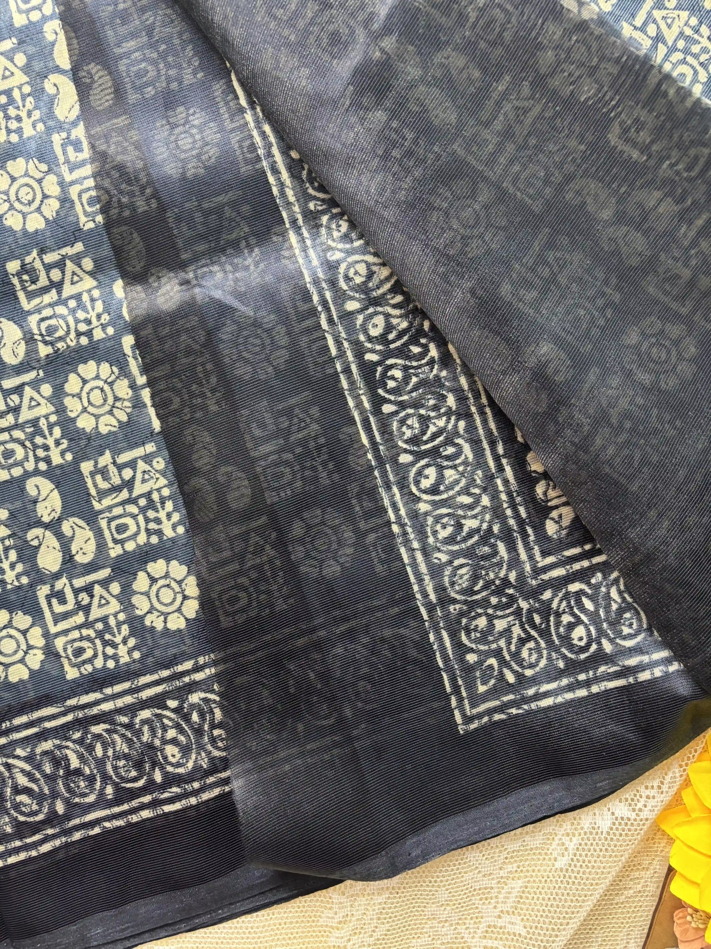 Navy Blue Silk Soft Cotton Saree with block print pattern print Body and mango pattern Border and pallu
