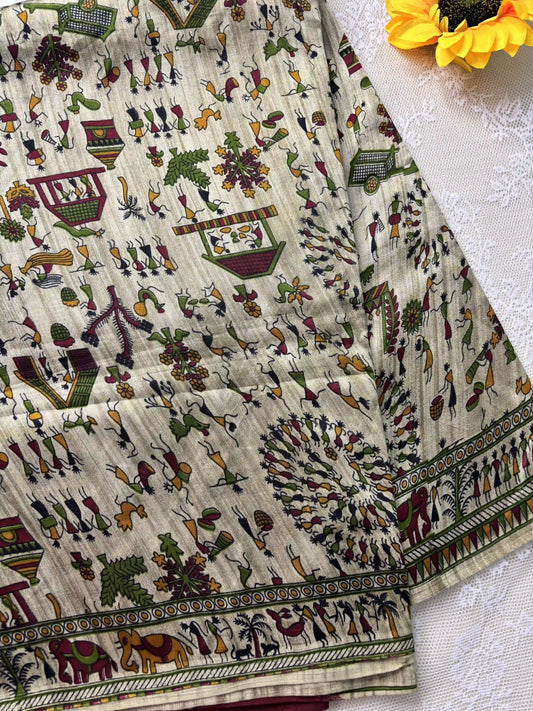 Silk Soft Cotton Saree with Concentric warli print and pink blouse