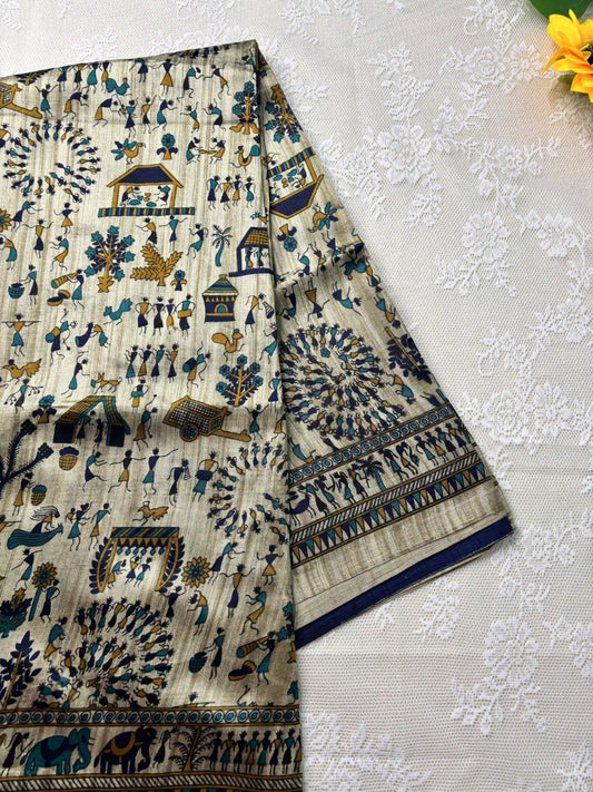 Silk Soft Cotton Saree with Concentric warli print and Blue blouse