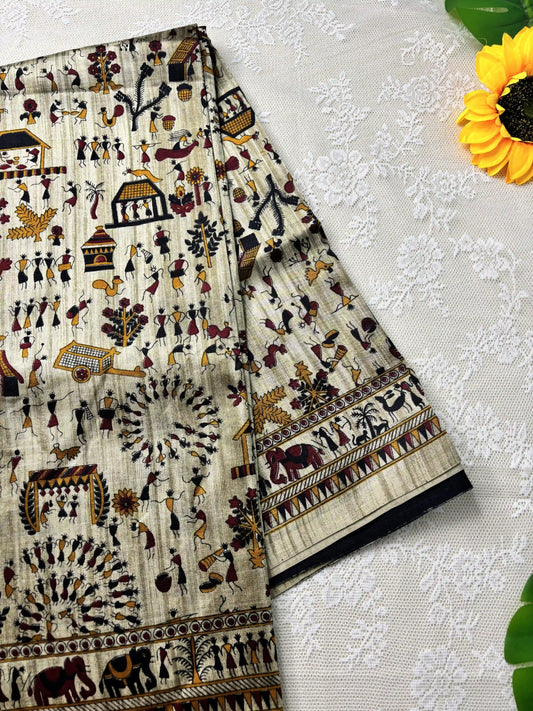 Silk Soft Cotton Saree with Concentric warli print and Grey blouse