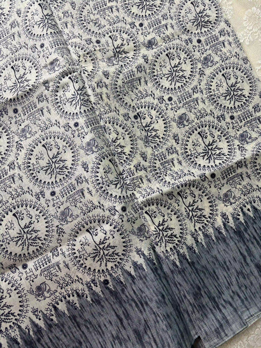 Blue Khadi Silk Saree with Warli Print Body and Marble pattern temple design Border and pallu