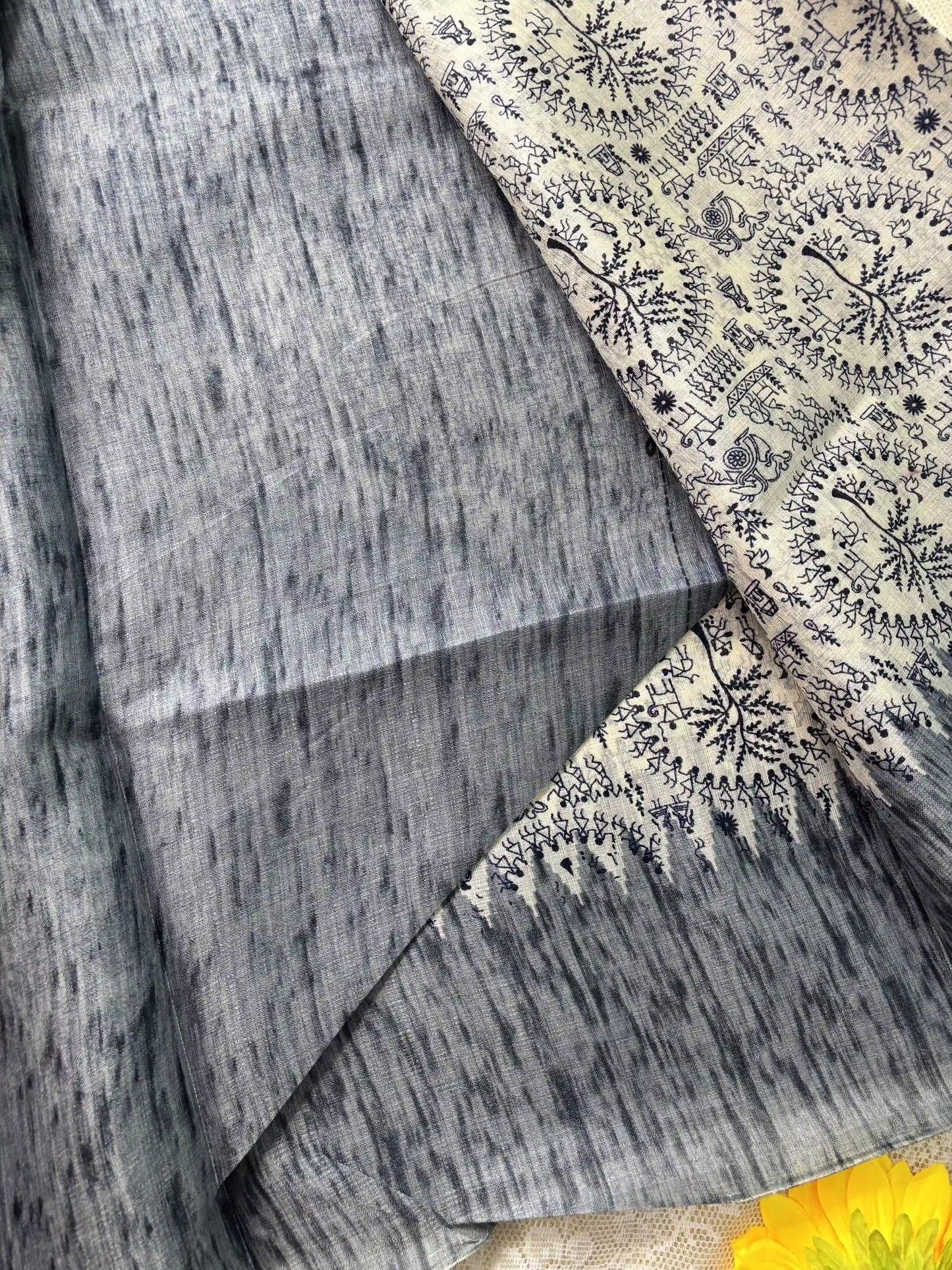 Blue Khadi Silk Saree with Warli Print Body and Marble pattern temple design Border and pallu