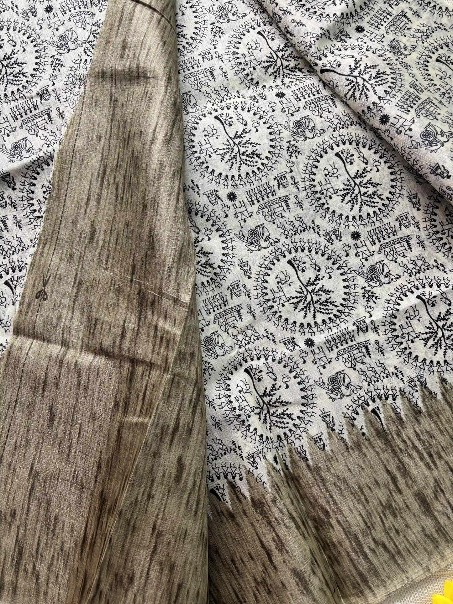 Black Khadi Silk Saree with Warli Print Body and Marble pattern temple design Border and pallu