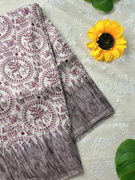 Brown Khadi Silk Saree with Warli Print Body and Marble pattern temple design Border and pallu