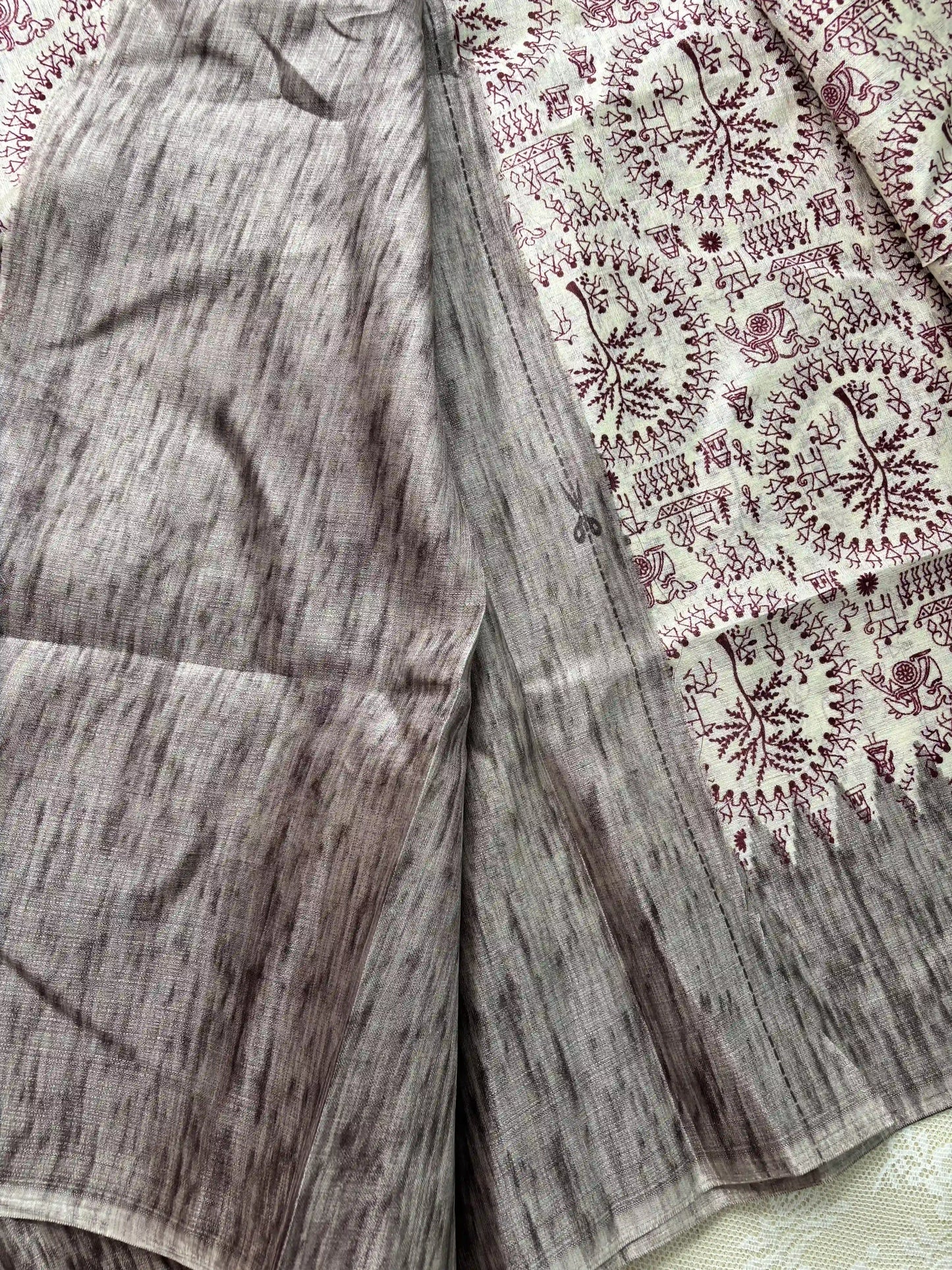 Brown Khadi Silk Saree with Warli Print Body and Marble pattern temple design Border and pallu