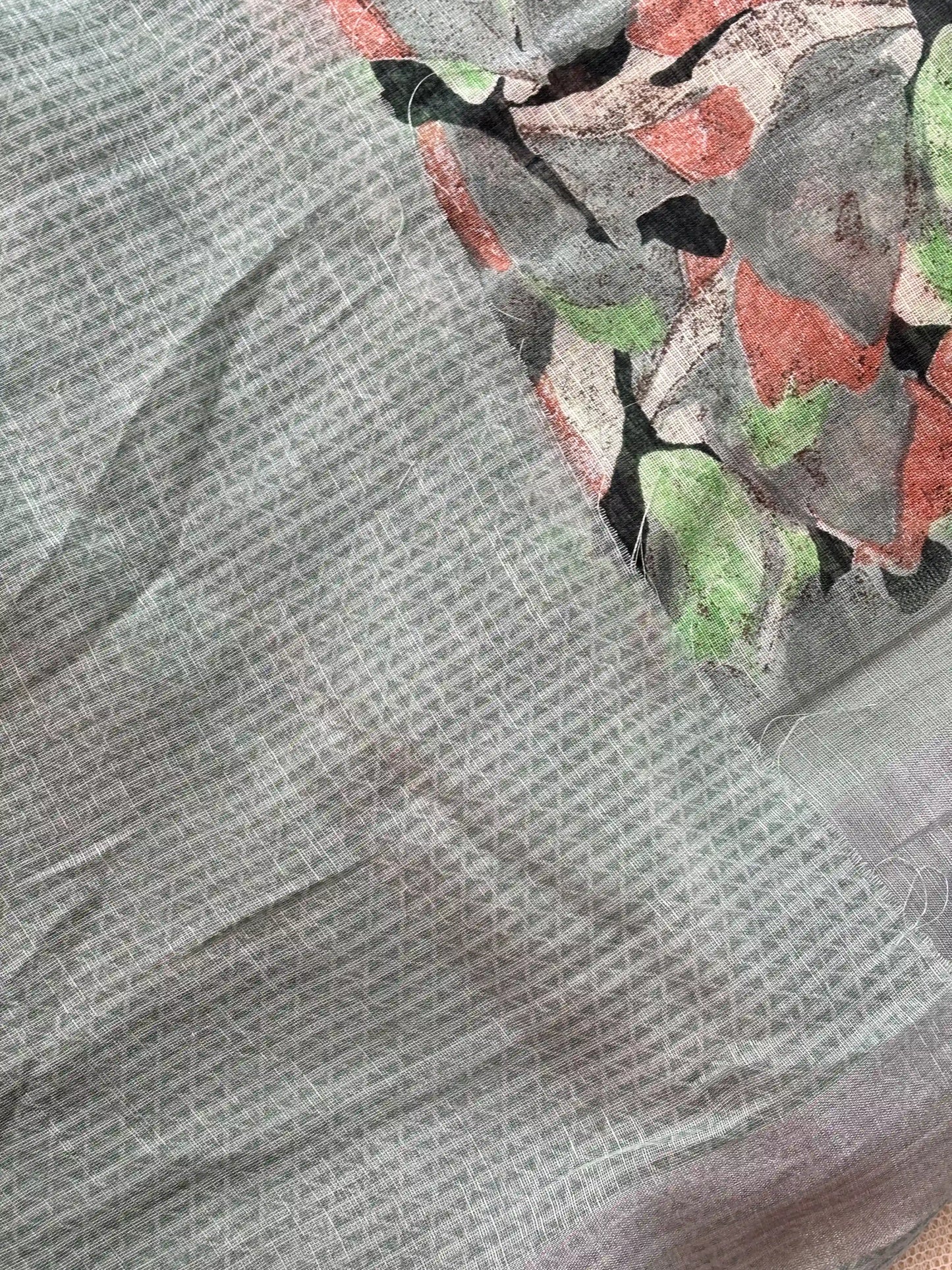 Green Semi Linen Cotton Floral Print Saree