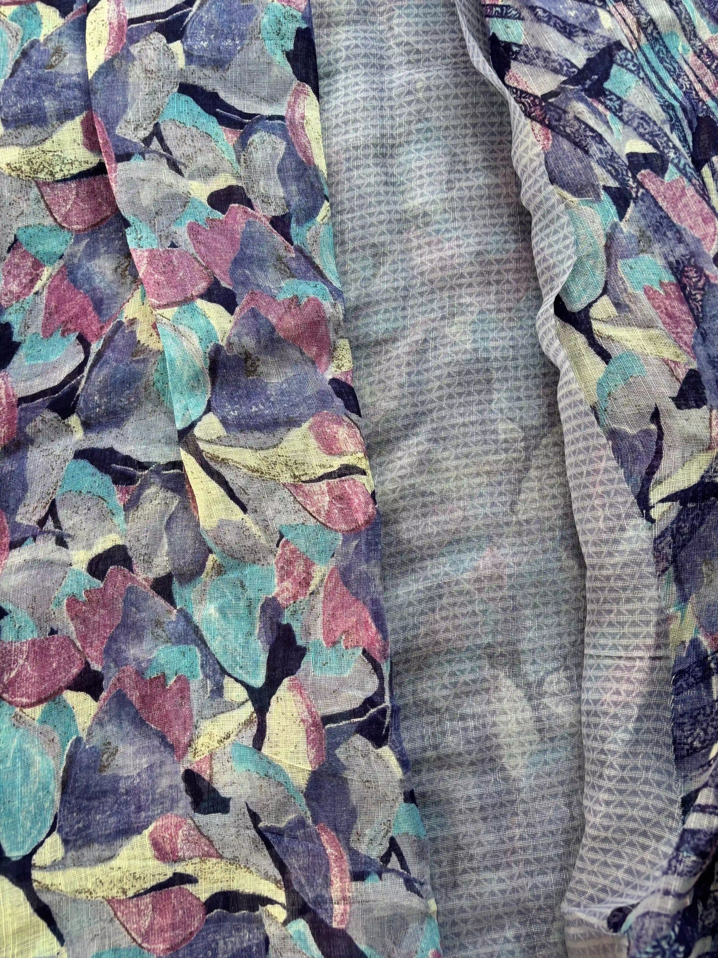 Lavendar Blue Semi Linen Cotton Floral Print Saree