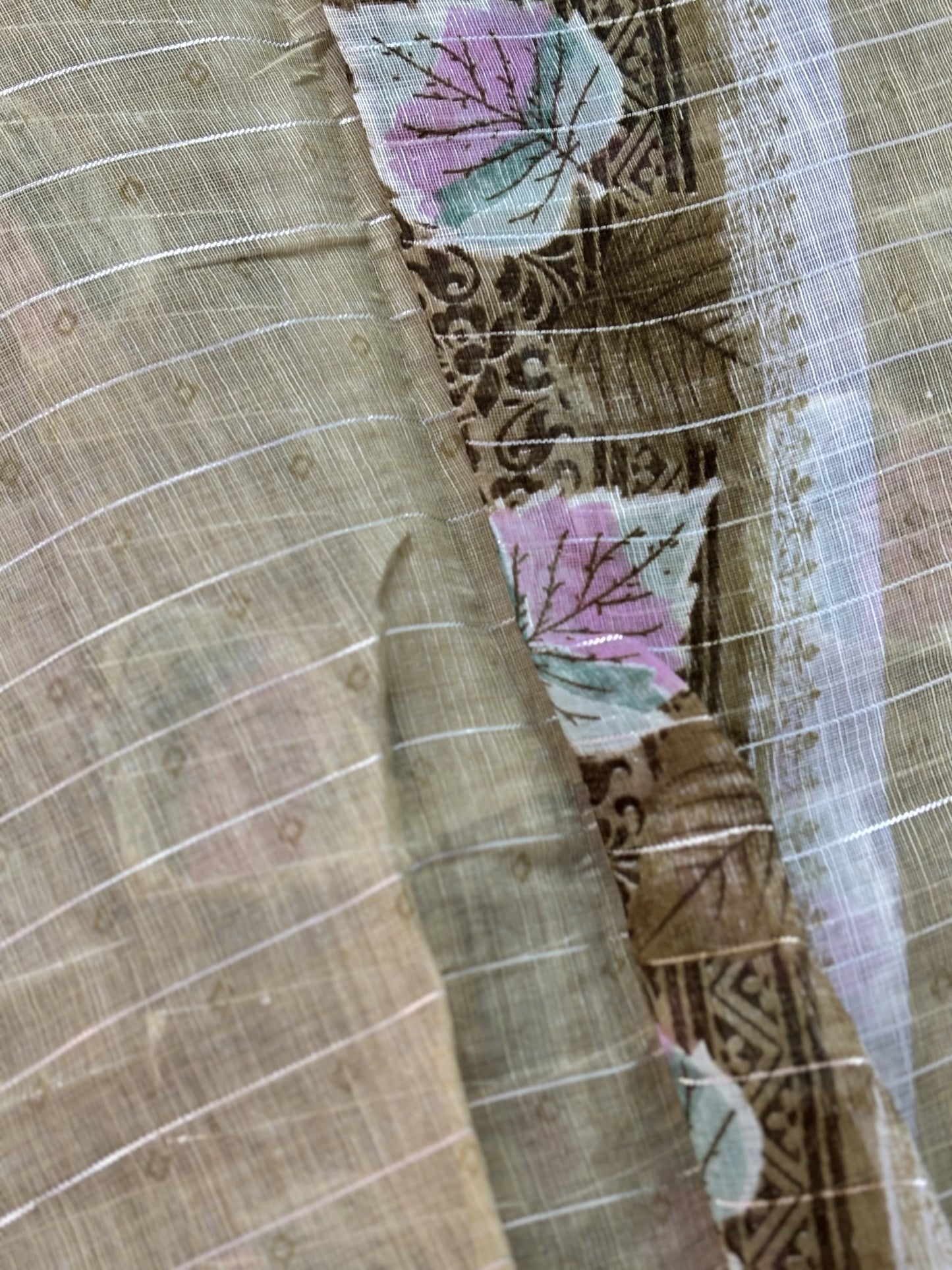 Mustard yellow digital print with stripped silver zari body semi linen cotton saree