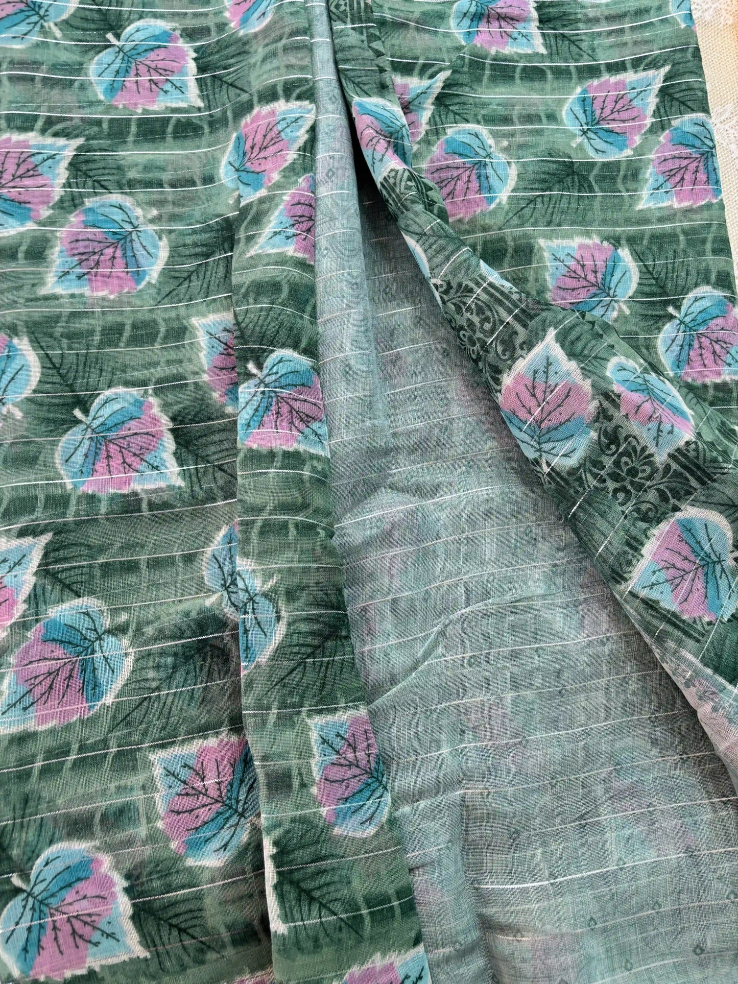 Mint green digital print with stripped silver zari body semi linen cotton saree