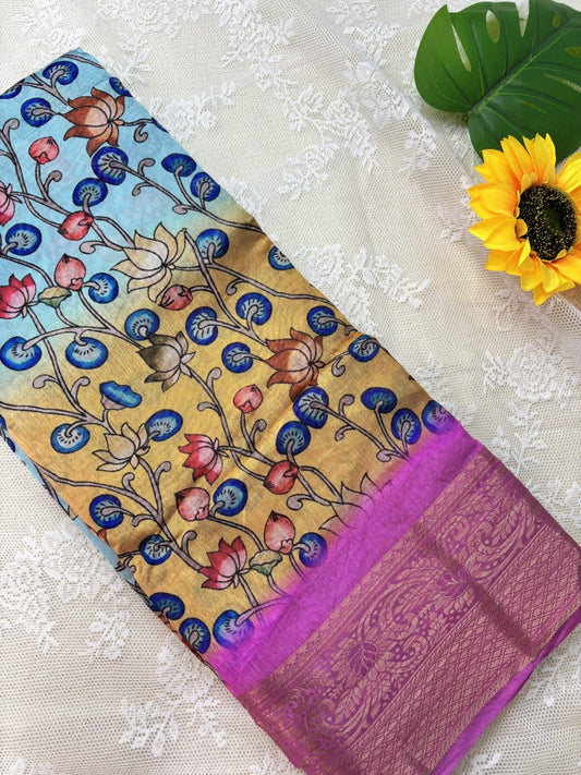 Blue and Mustard Yellow Cotton Silk with Pichwai Print and Pink Border