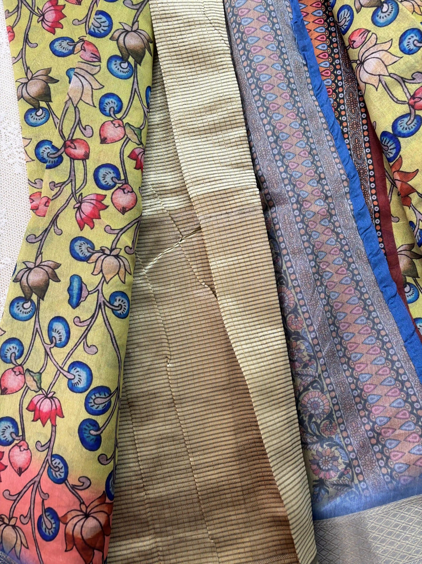 Green and Peach Cotton Silk with Pichwai Print and Blue Border