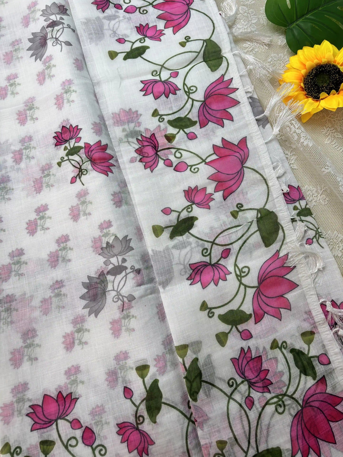 White Linen Cotton Saree with Pichwai print