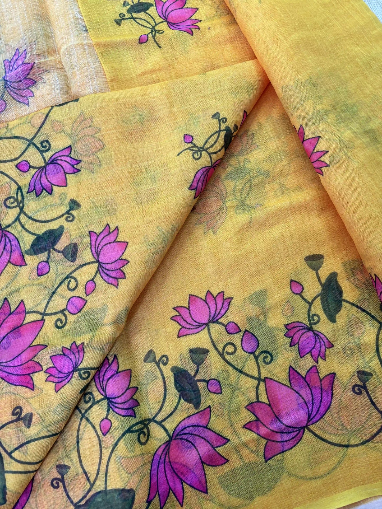 Yellow Linen Cotton Saree with Pichwai print