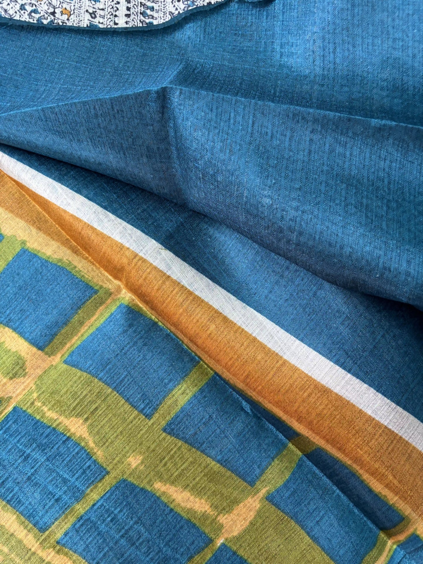 Multicolor Digital Warli Print Khadi Silk and Blue Solid color border with square block print pallu
