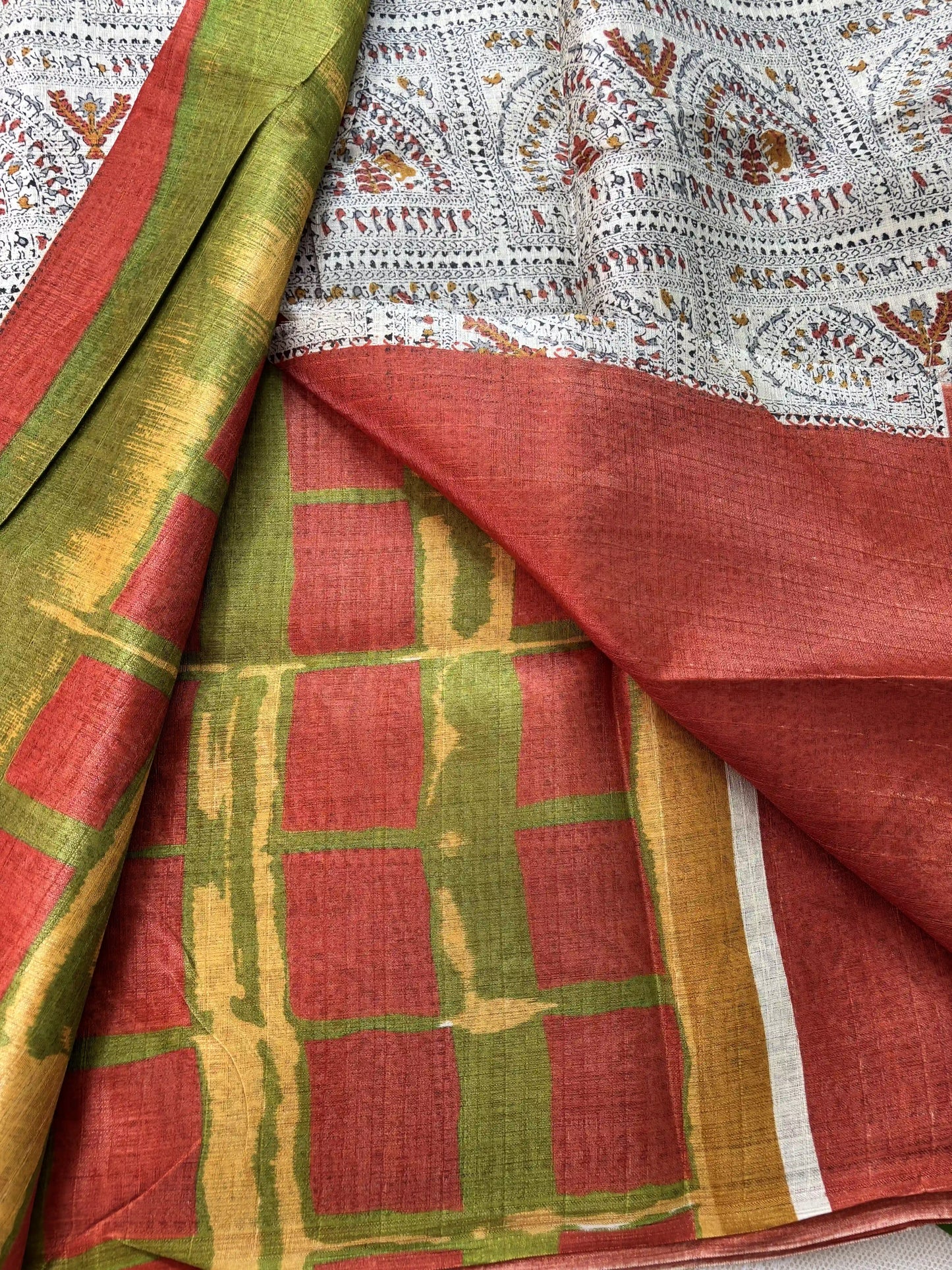Multicolor Digital Warli Print Khadi Silk and Red Solid color border with square block print pallu