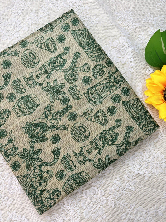 Green Malabar Silk Saree with Warli Print Body and Marble pattern Border and pallu