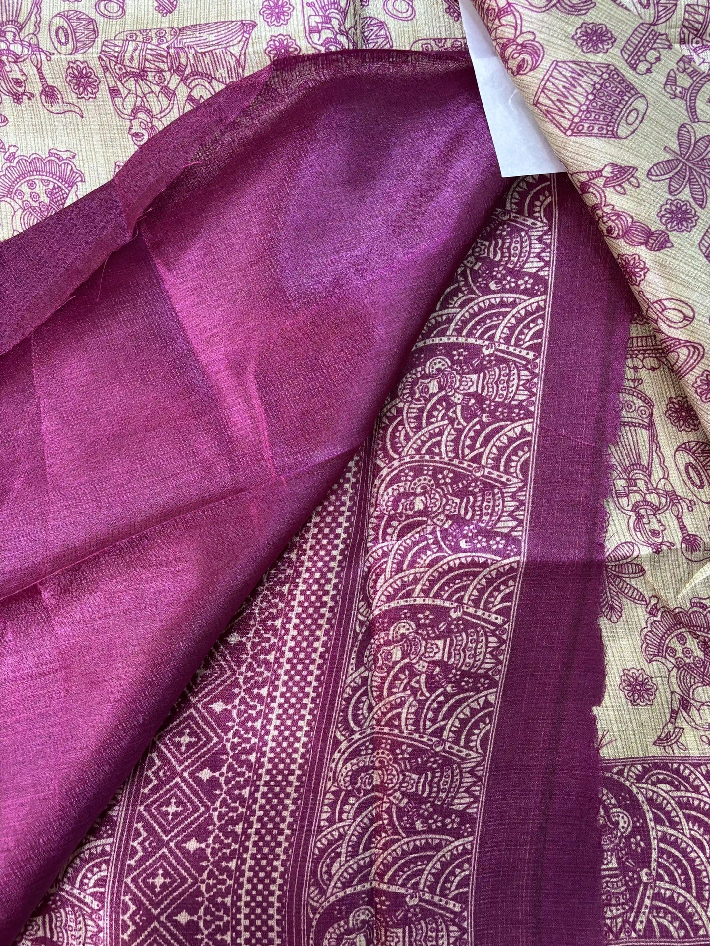 Pink Malabar Silk Saree with Warli Print Body and Marble pattern Border and pallu