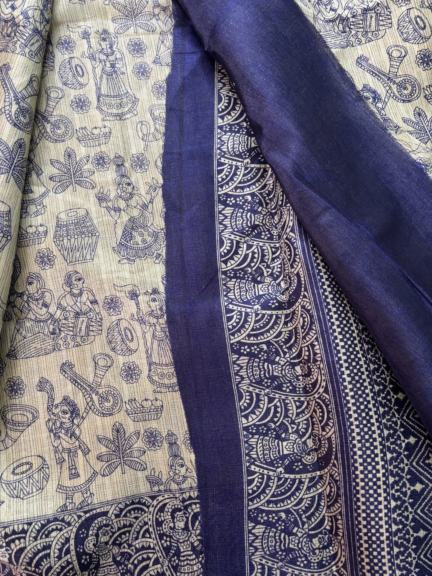 Blue Malabar Silk Saree with Warli Print Body and Marble pattern Border and pallu