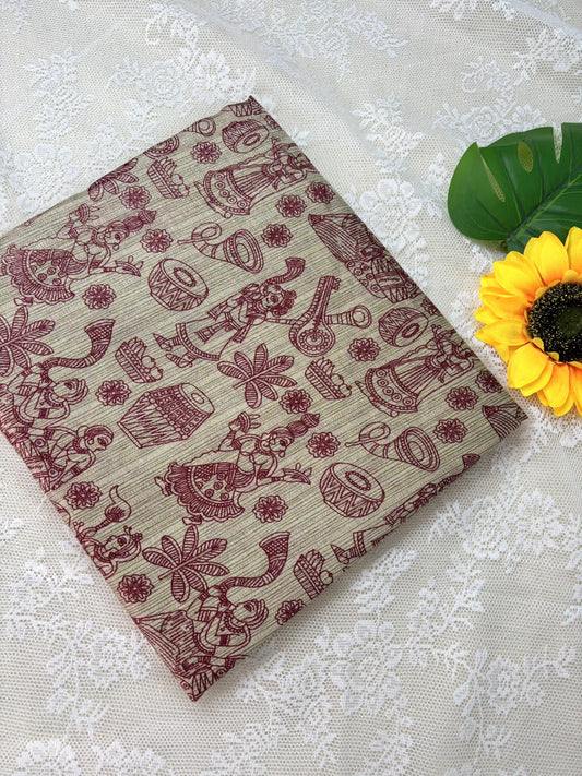 Red Malabar Silk Saree with Warli Print Body and Marble pattern Border and pallu