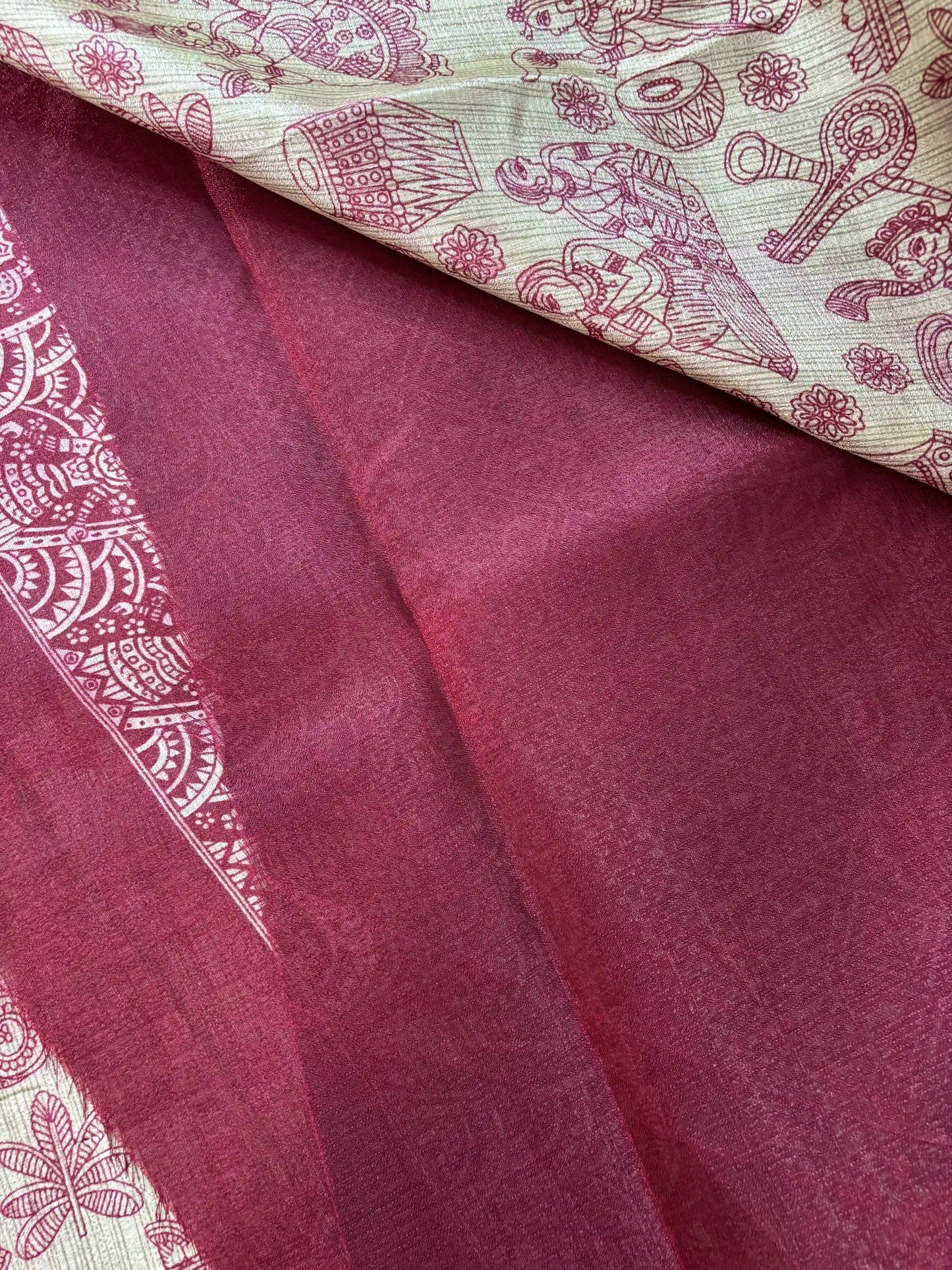 Red Malabar Silk Saree with Warli Print Body and Marble pattern Border and pallu