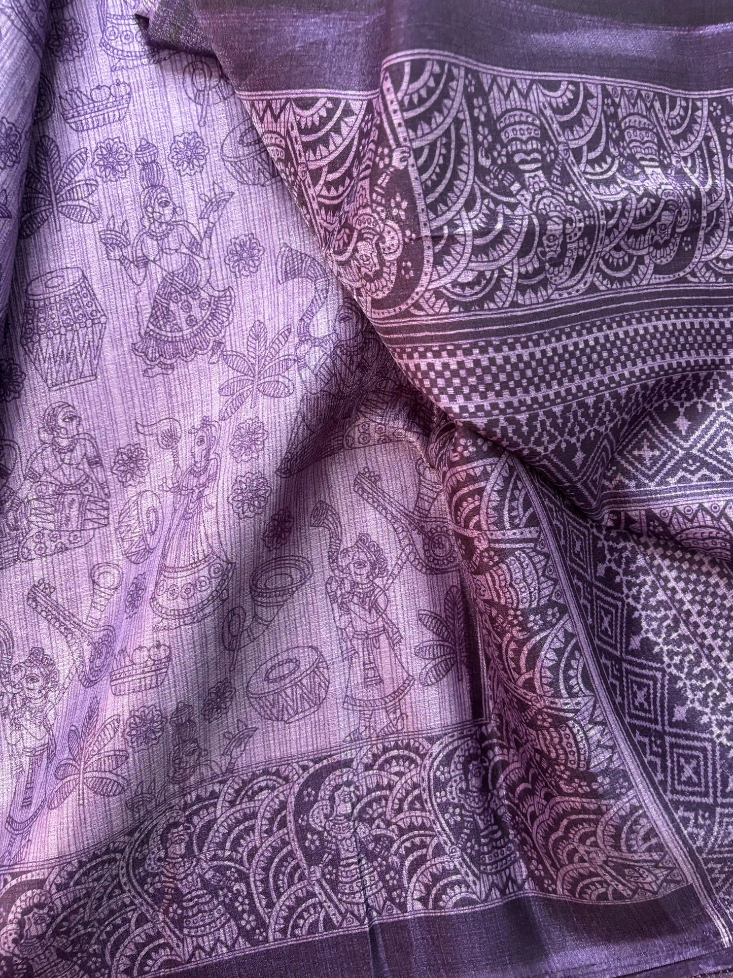 Purple Malabar Silk Saree with Warli Print Body and Marble pattern Border and pallu