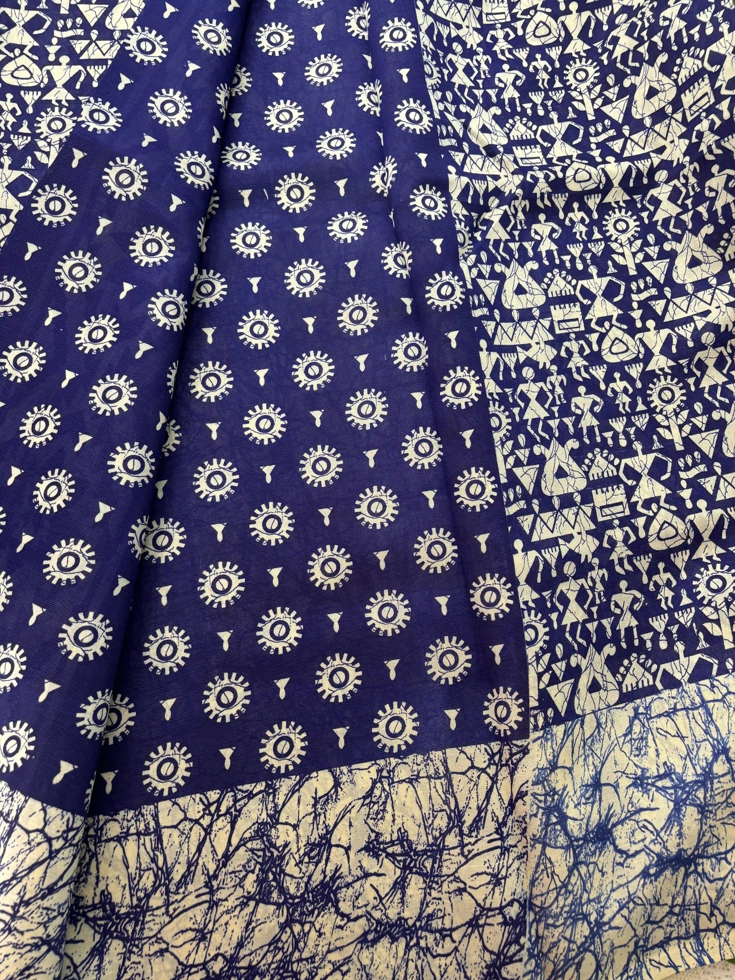 Blue Malabar Silk Saree with Warli Print Body and Marble pattern Border and pallu