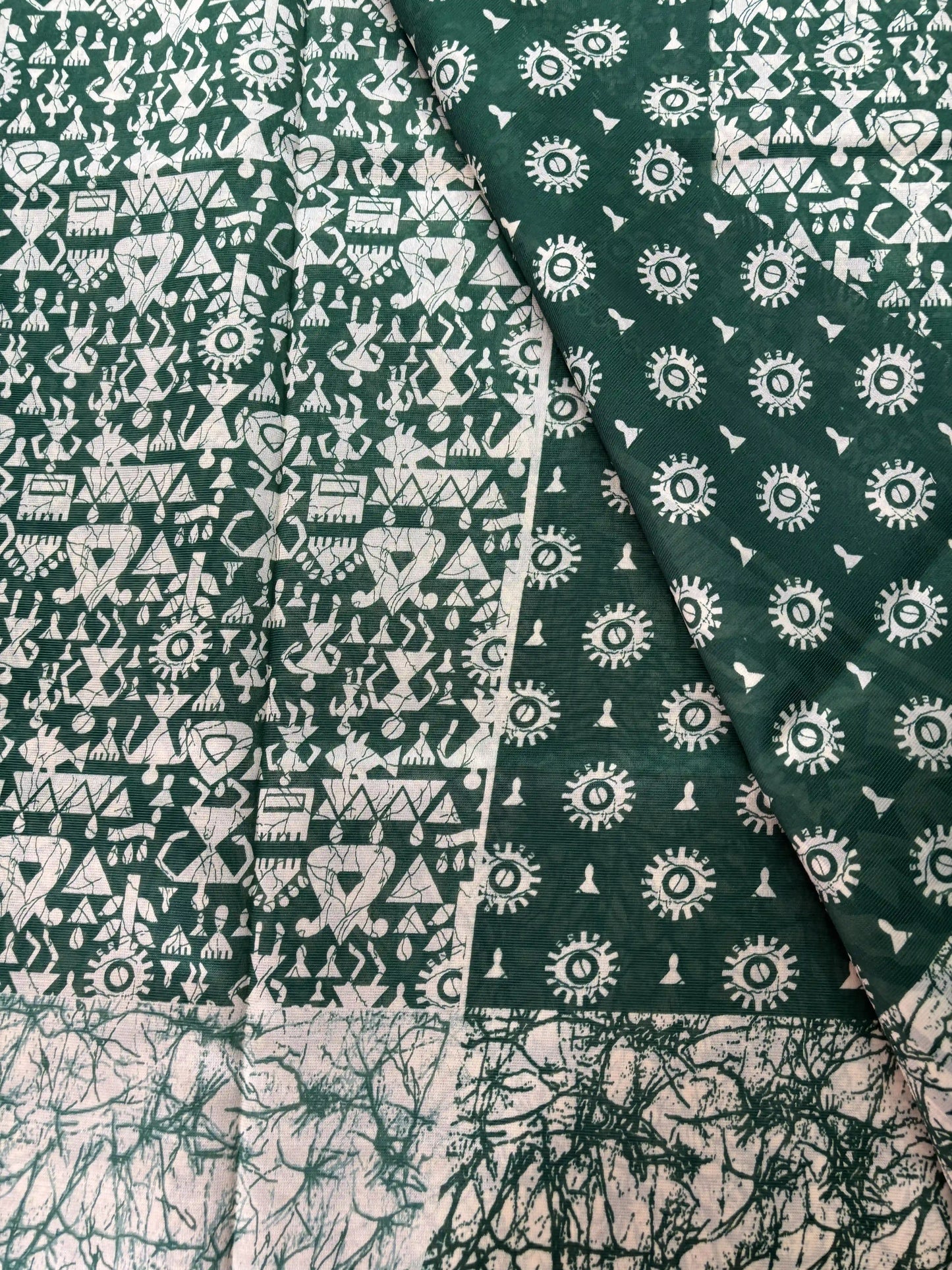 Green Malabar Silk Saree with Warli Print Body and Marble pattern Border and pallu