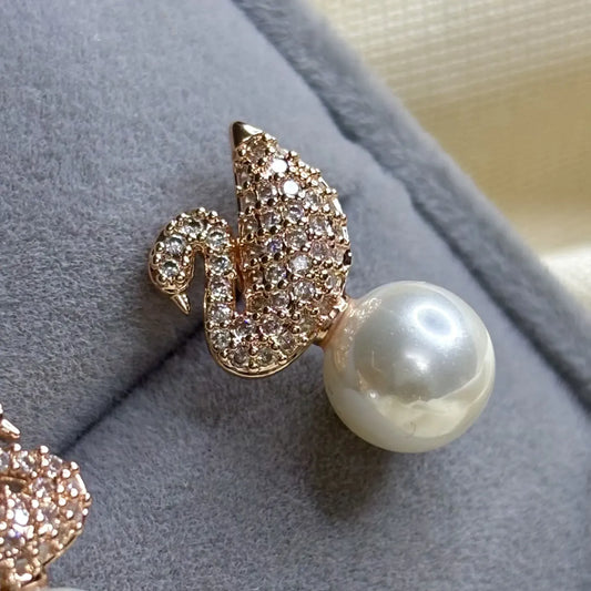 Rose Gold Swan Stud Earrings with Pearl Drop | ER-T1-001