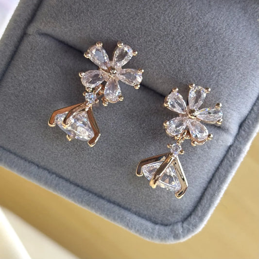 Rose Gold Floral Stud Earrings with Geometric Drop | ER-T1-013