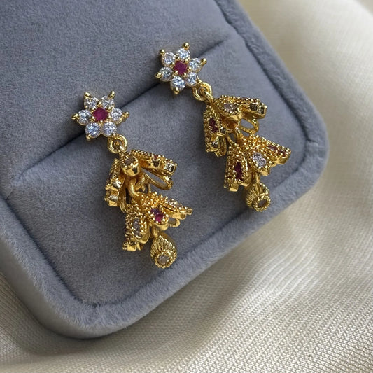 Classic White and Red Stone Jhumkas with Floral Layers | ER-T1-017