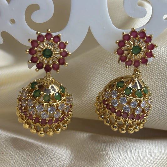 Green and Ruby Red Stone Jhumka with Antique Gold Finish | ER-T1-023