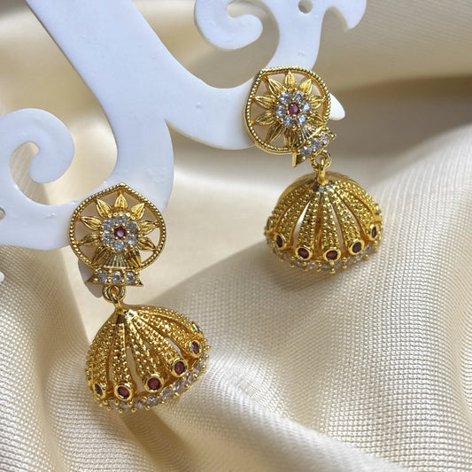 Traditional Sunflower Motif Ruby Jhumkas | ER-T1-026